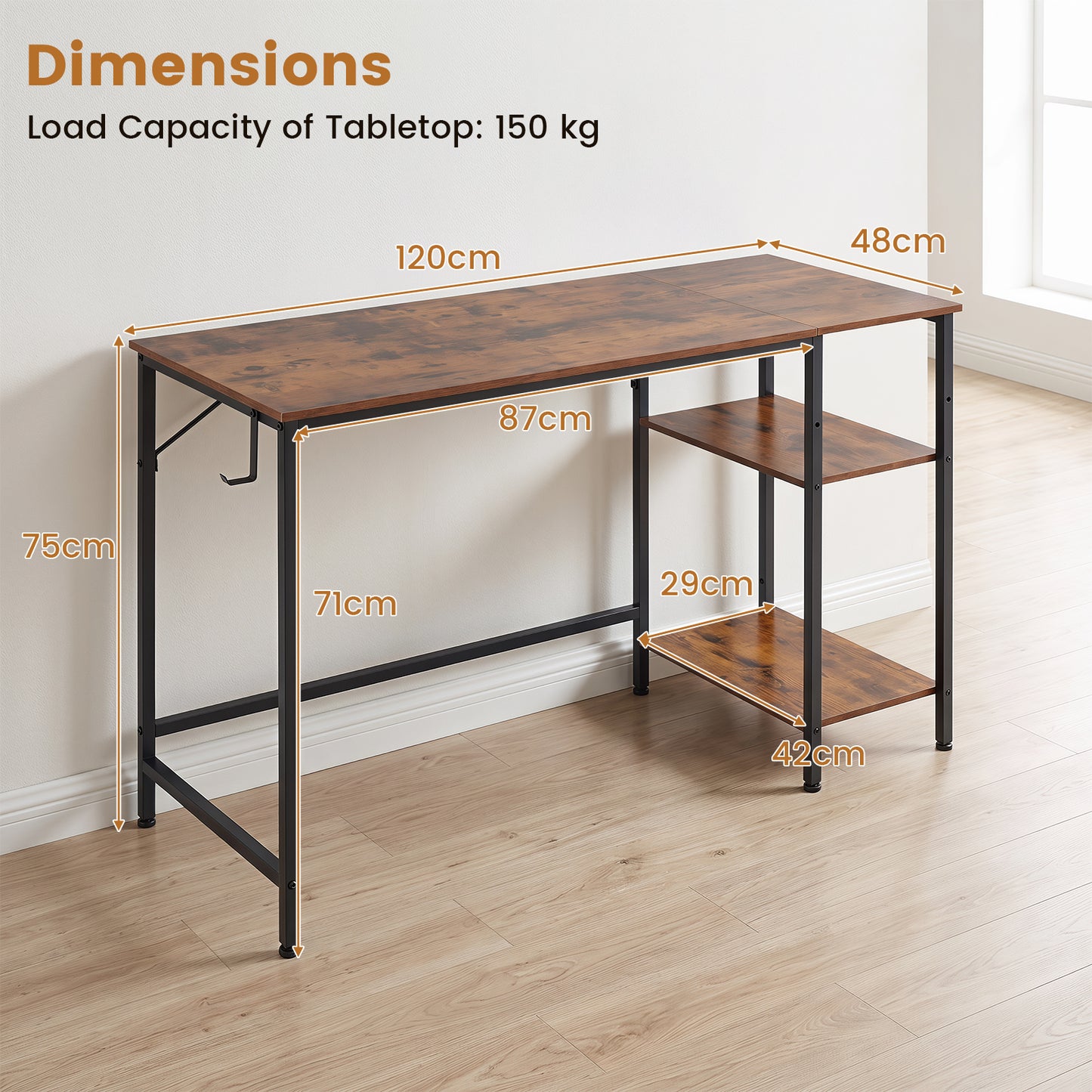 120 cm Reversible Home Office Desk with Headphone Hook and Shelves-Rustic Brown