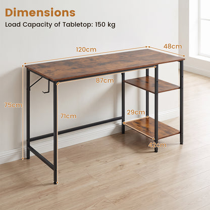 120 cm Reversible Home Office Desk with Headphone Hook and Shelves-Rustic Brown