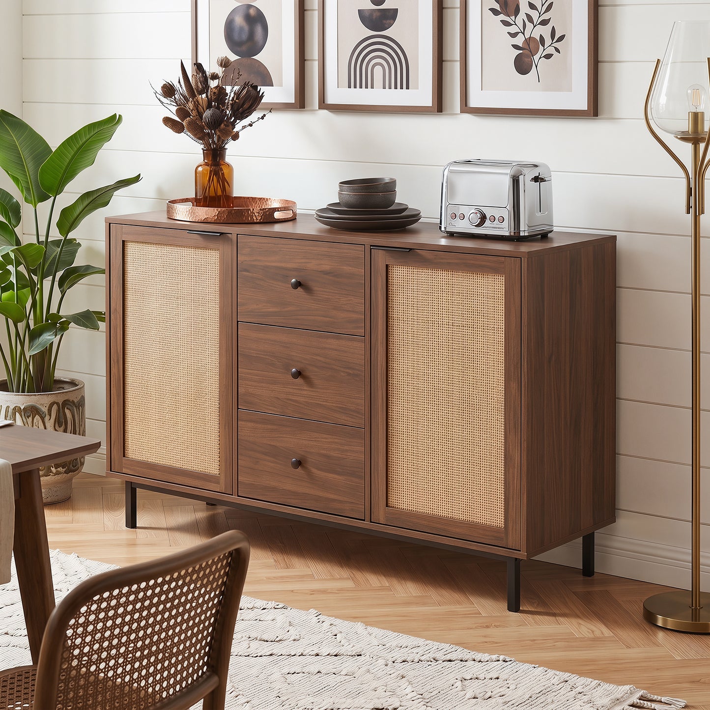 120 cm Sideboard Buffet Cabinet with Storage 2 Rattan Doors and 3 Drawers-Brown