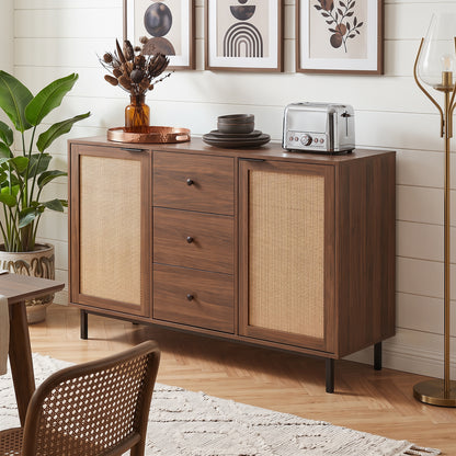 120 cm Sideboard Buffet Cabinet with Storage 2 Rattan Doors and 3 Drawers-Brown