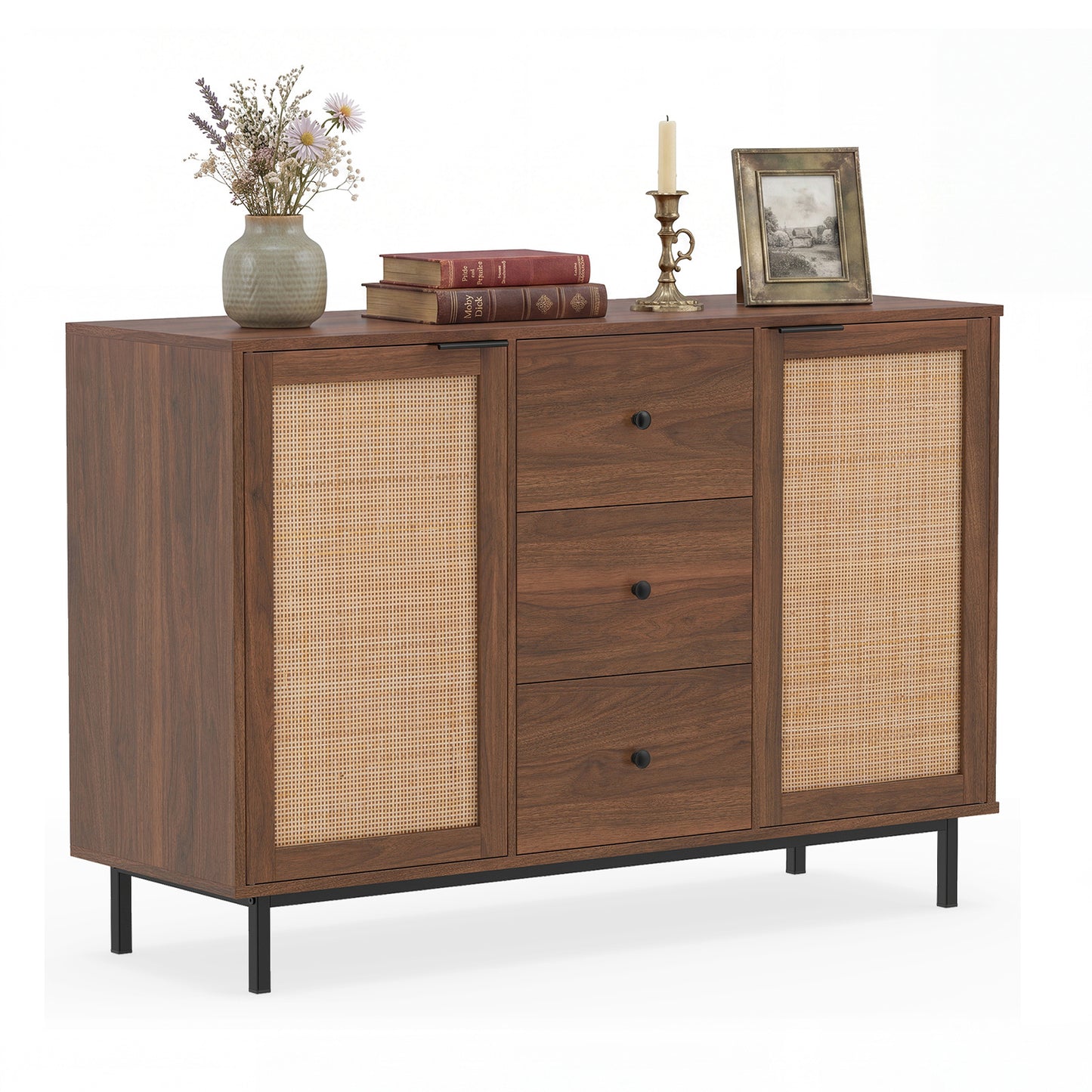 120 cm Sideboard Buffet Cabinet with Storage 2 Rattan Doors and 3 Drawers-Brown