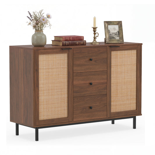 120 cm Sideboard Buffet Cabinet with Storage 2 Rattan Doors and 3 Drawers-Brown