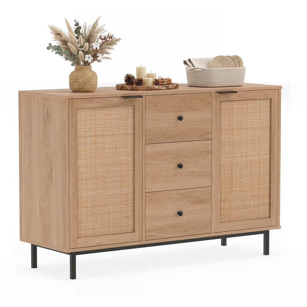 120 cm Sideboard Buffet Cabinet with Storage 2 Rattan Doors and 3 Drawers-Natrual