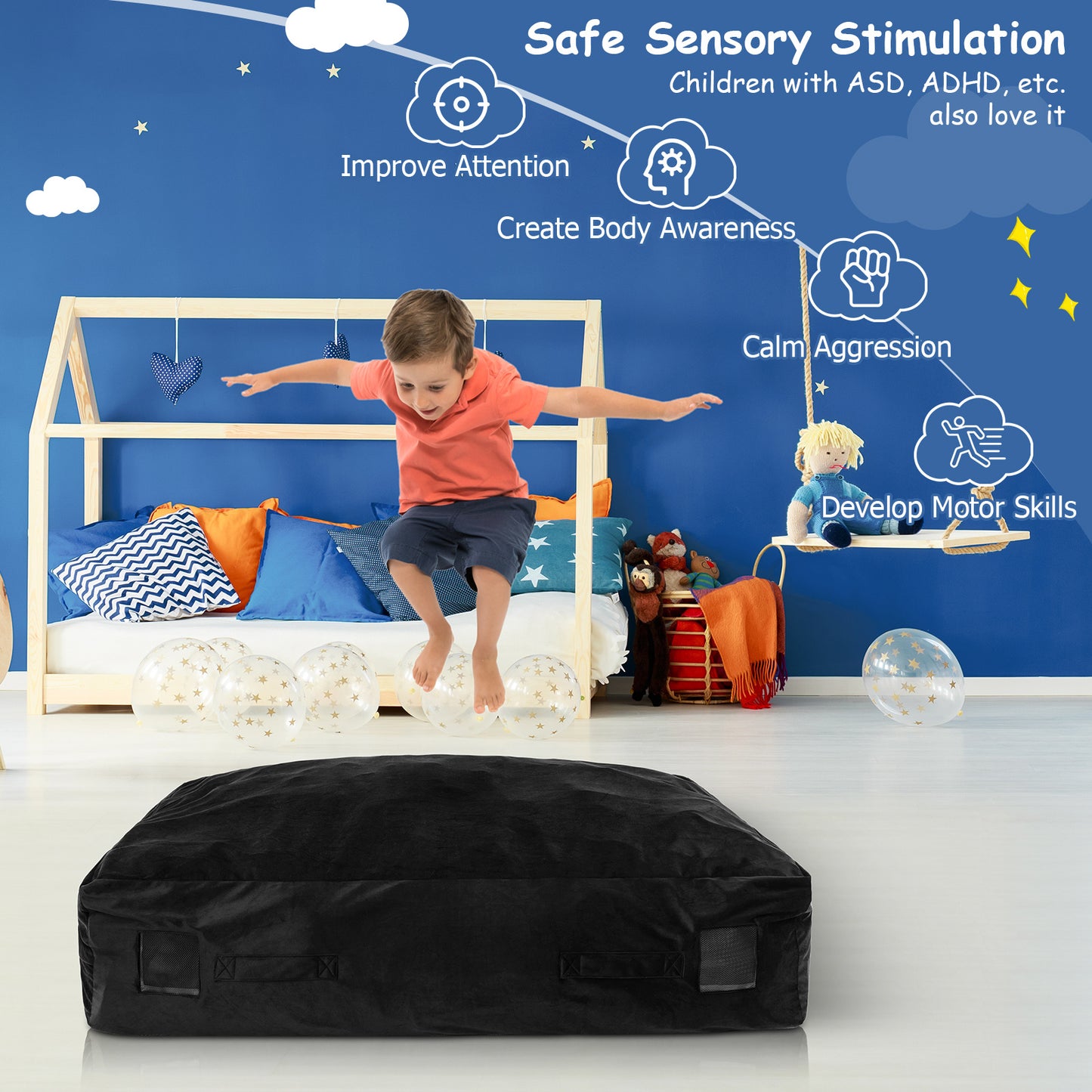 120 x 90 cm Crash Pad with Foam Blocks and Washable Velvet Cover for Play-Black