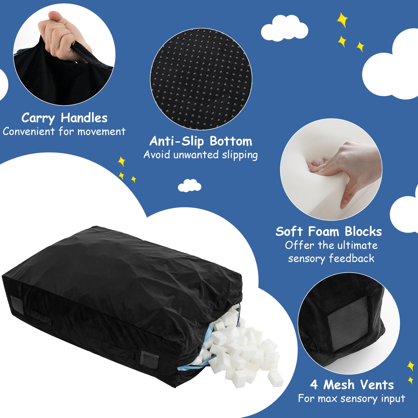 120 x 90 cm Crash Pad with Foam Blocks and Washable Velvet Cover for Play-Black