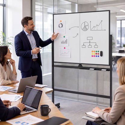120 x 90 cm Mobile White Board with Lockable Universal Wheels and Double-Sided Magnetic Surface-Black