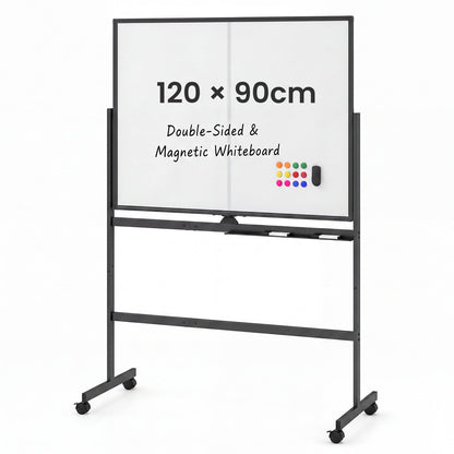 120 x 90 cm Mobile White Board with Lockable Universal Wheels and Double-Sided Magnetic Surface-Black
