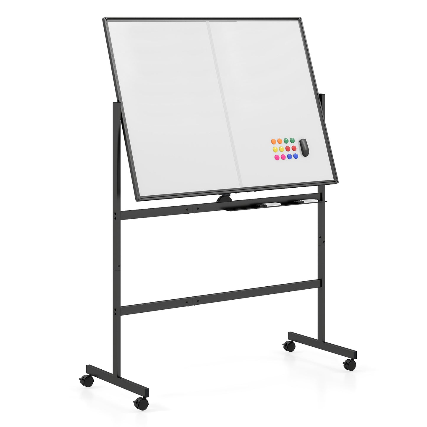 120 x 90 cm Mobile White Board with Lockable Universal Wheels and Double-Sided Magnetic Surface-Black
