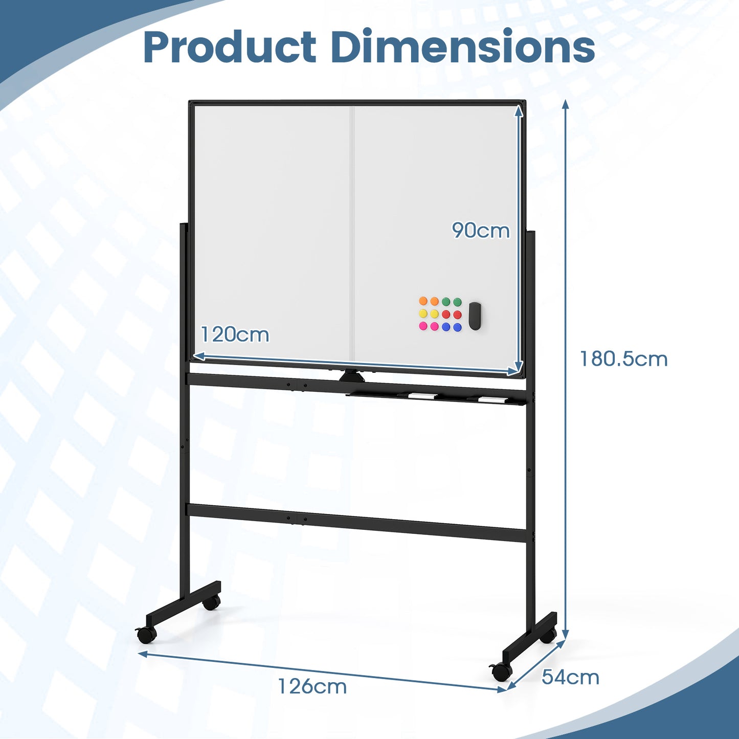 120 x 90 cm Mobile White Board with Lockable Universal Wheels and Double-Sided Magnetic Surface-Black