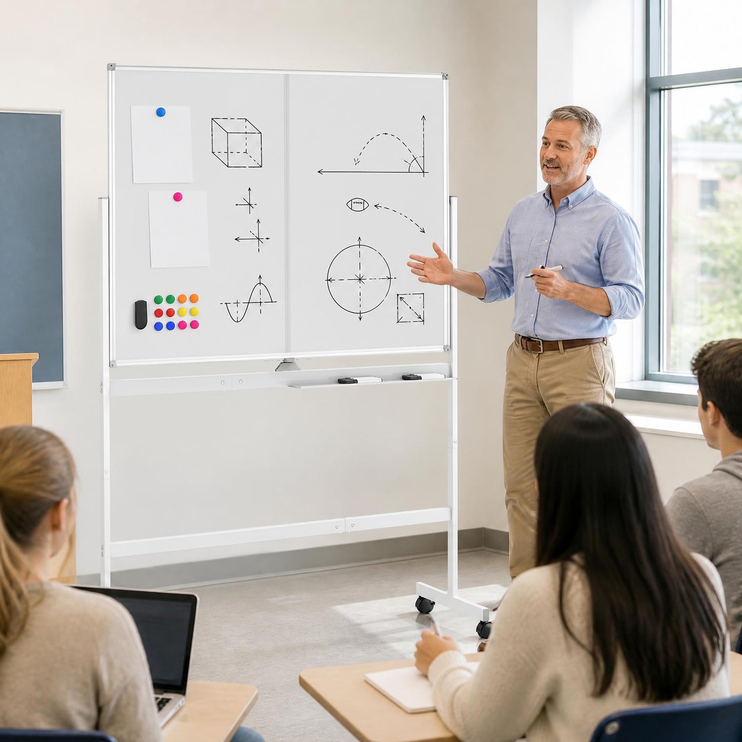120 x 90 cm Mobile White Board with Lockable Universal Wheels and Double-Sided Magnetic Surface-White