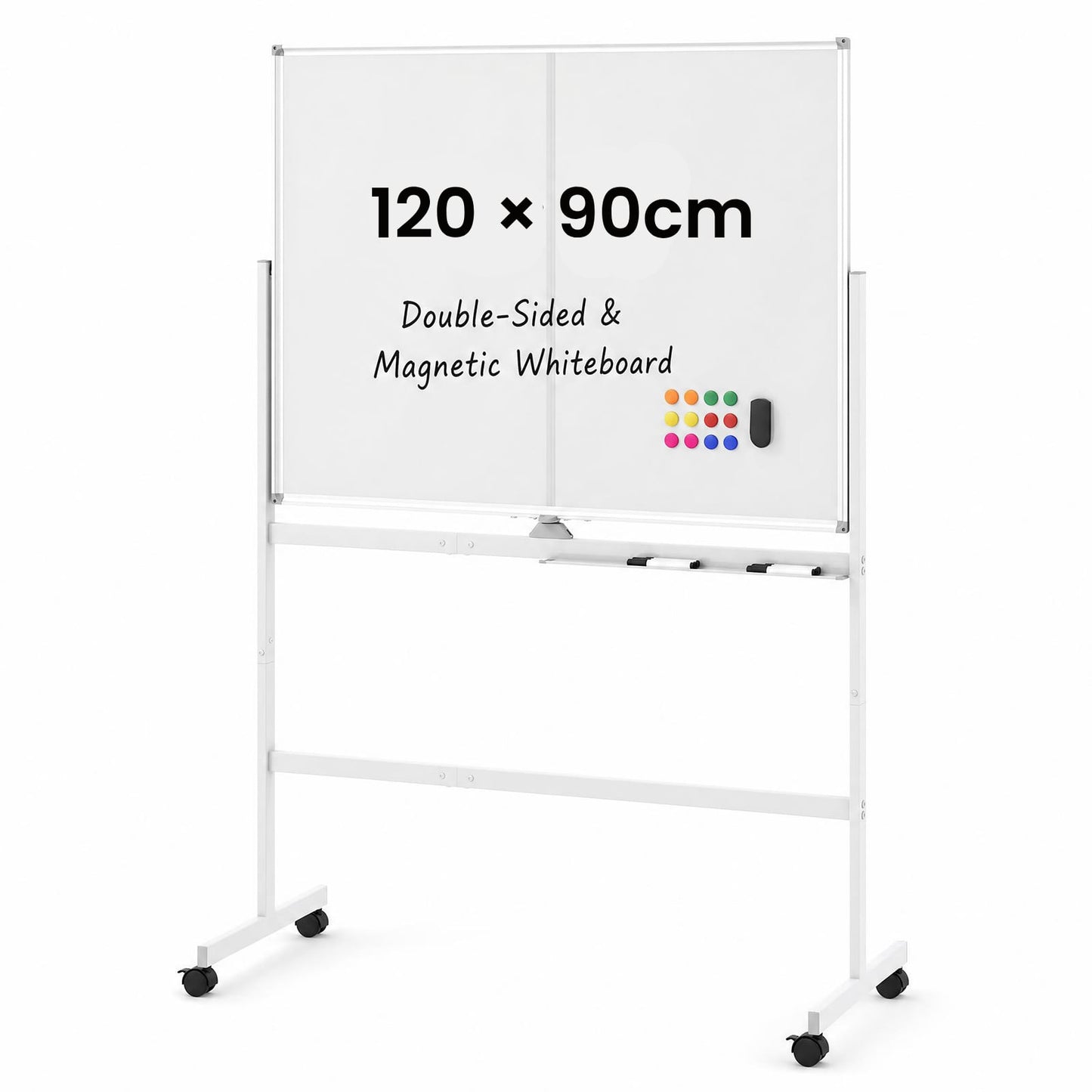120 x 90 cm Mobile White Board with Lockable Universal Wheels and Double-Sided Magnetic Surface-White