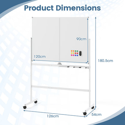 120 x 90 cm Mobile White Board with Lockable Universal Wheels and Double-Sided Magnetic Surface-White