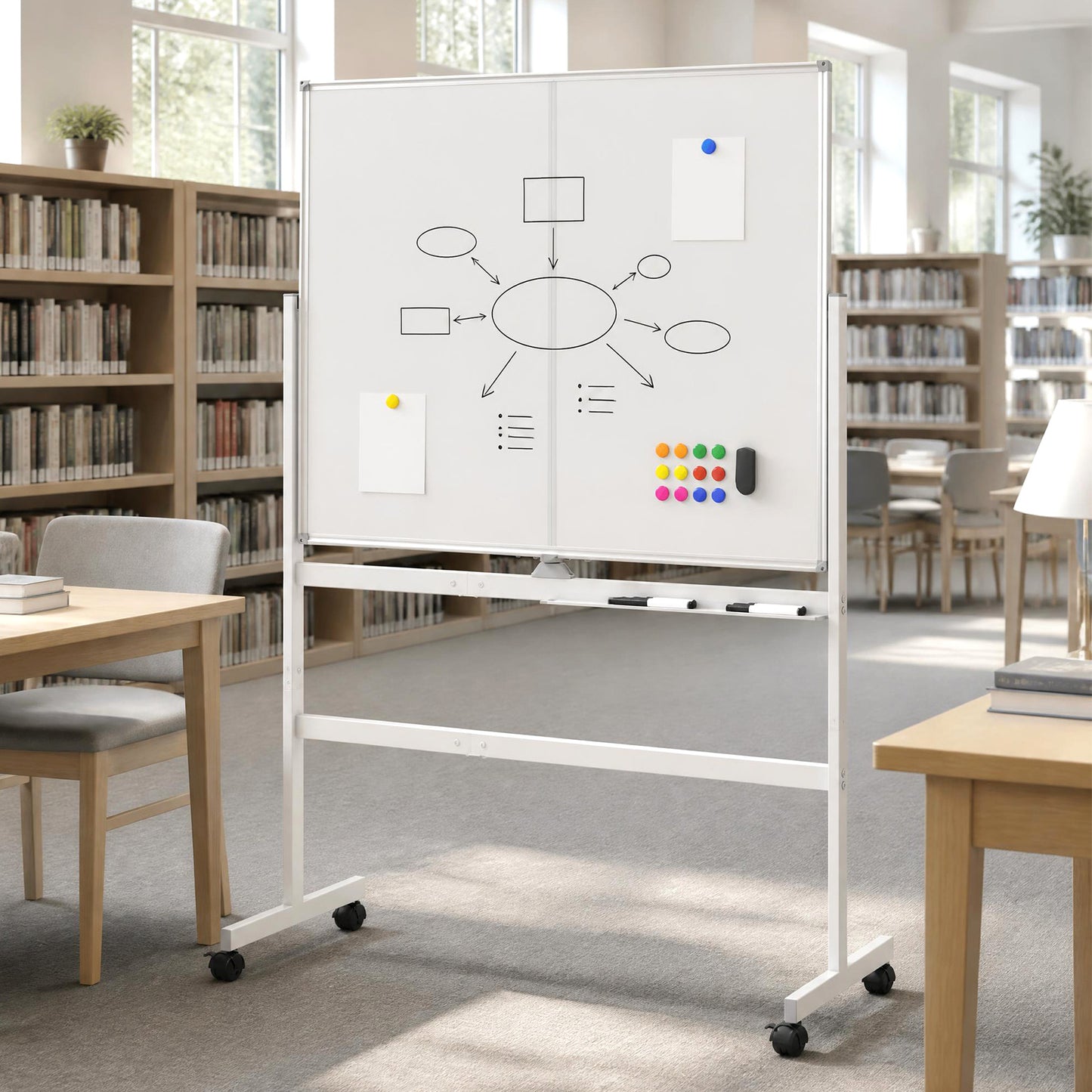120 x 90 cm Mobile White Board with Lockable Universal Wheels and Double-Sided Magnetic Surface-White