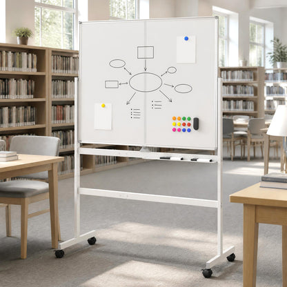 120 x 90 cm Mobile White Board with Lockable Universal Wheels and Double-Sided Magnetic Surface-White