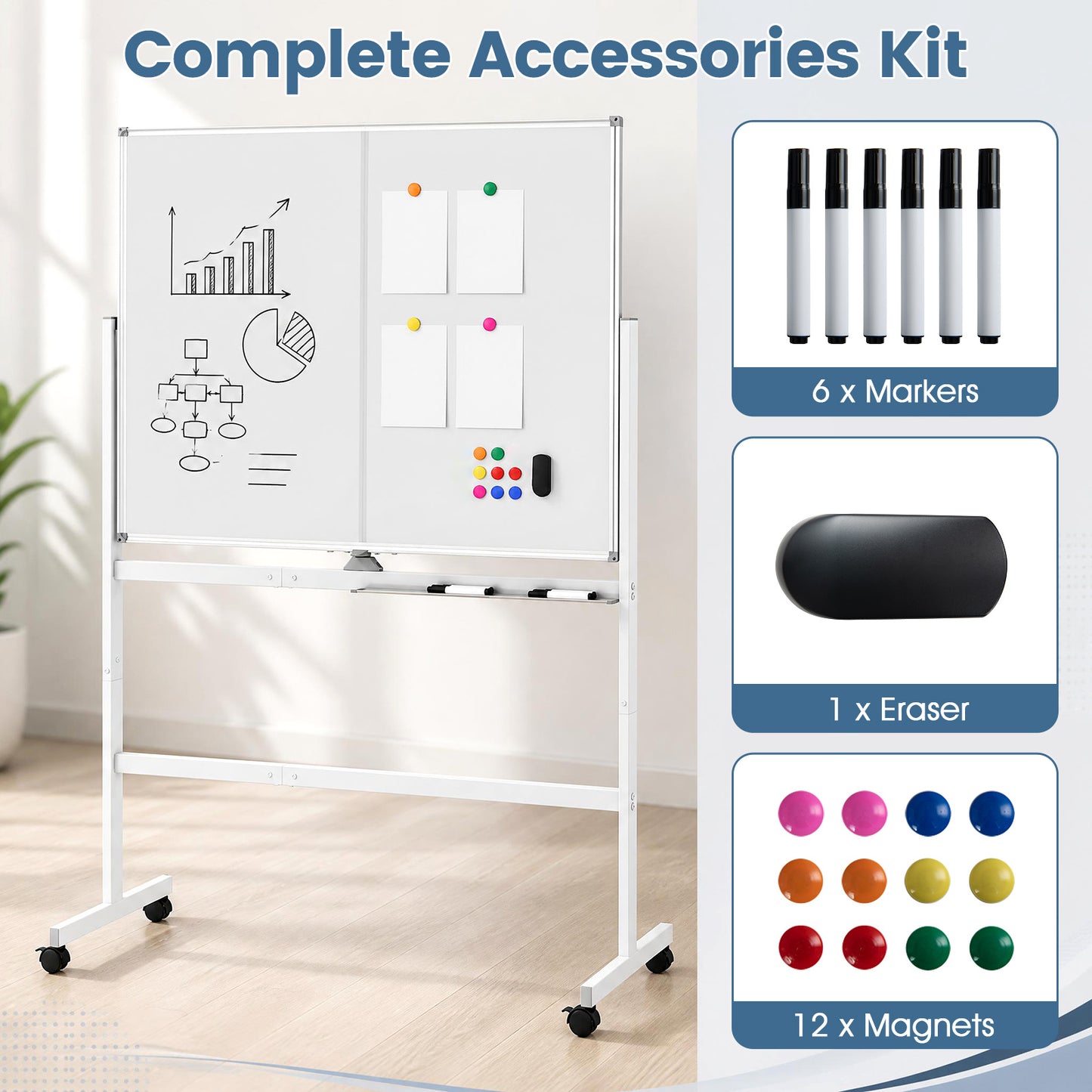120 x 90 cm Mobile White Board with Lockable Universal Wheels and Double-Sided Magnetic Surface-White