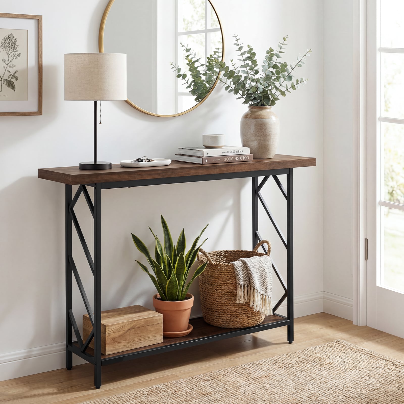 120CM Narrow Console Table 2-Tier Metal Frame with Open Storage Shelf-Rustic Brown