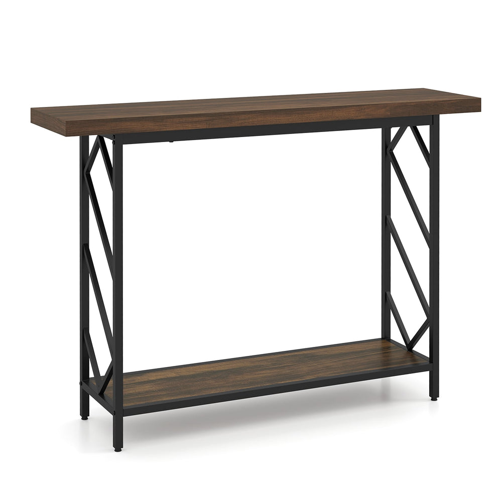 120CM Narrow Console Table 2-Tier Metal Frame with Open Storage Shelf-Rustic Brown