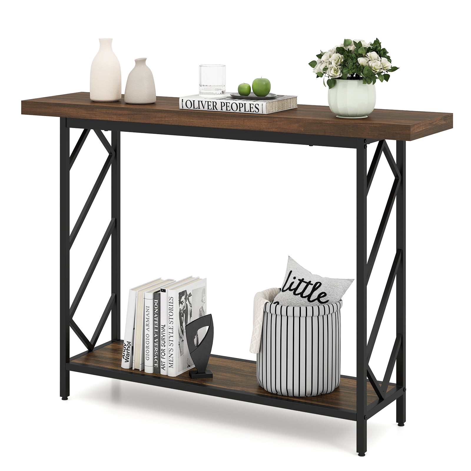 120CM Narrow Console Table 2-Tier Metal Frame with Open Storage Shelf-Rustic Brown