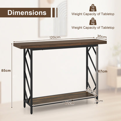 120CM Narrow Console Table 2-Tier Metal Frame with Open Storage Shelf-Rustic Brown