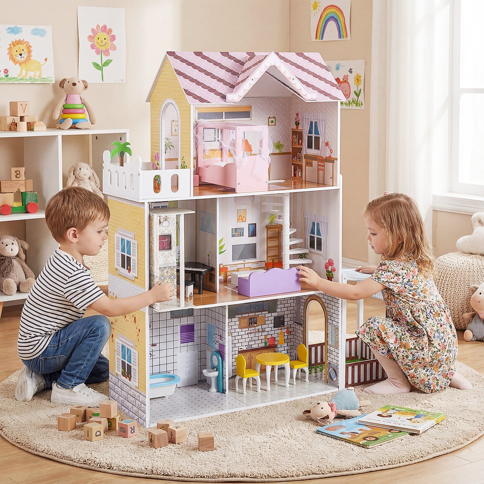 120CM Wooden Dollhouse with 16 Furniture Accessories for Kids Ages 3+-Pink