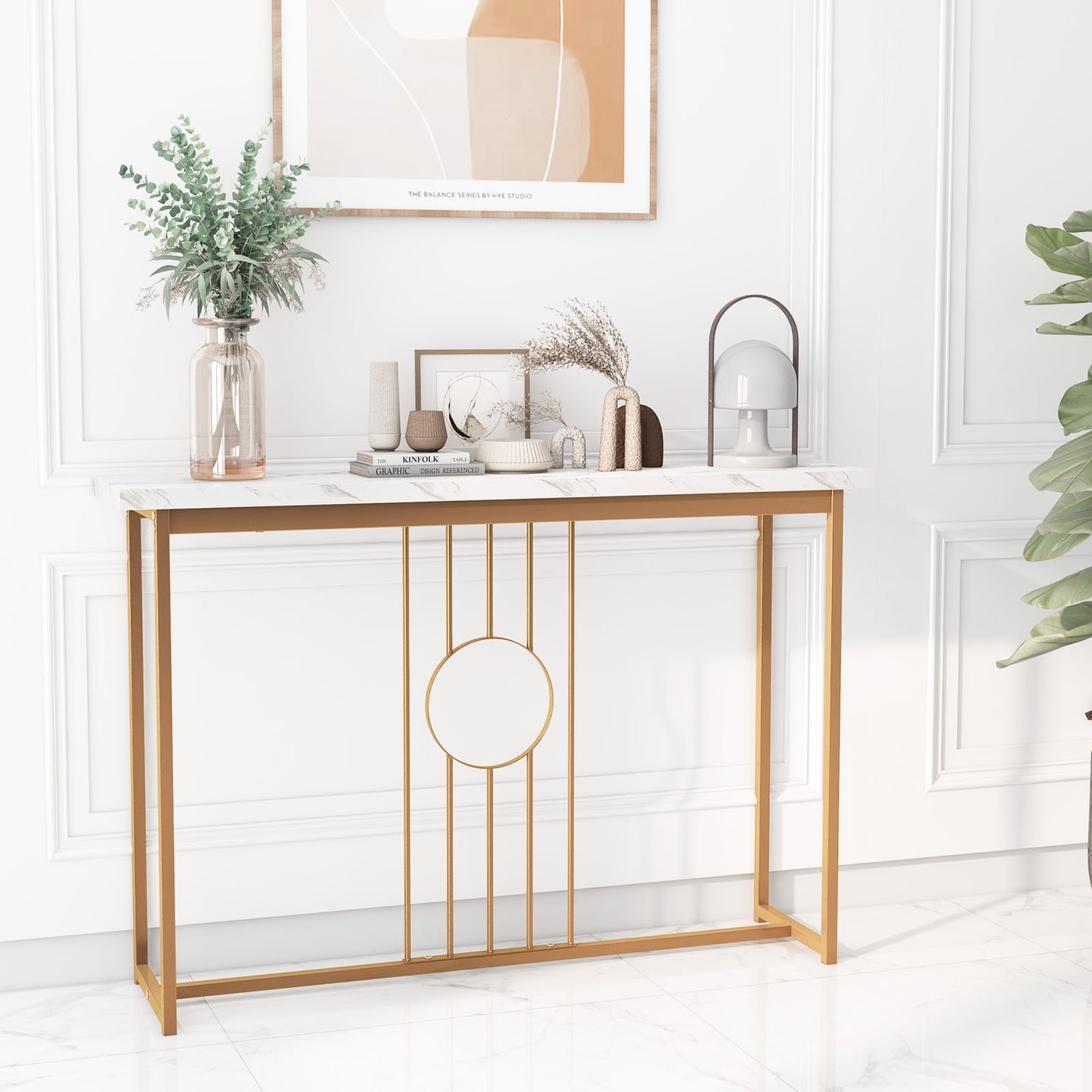 120cm Modern Faux Marble Top Console Table with Heavy-duty Metal Frame-White