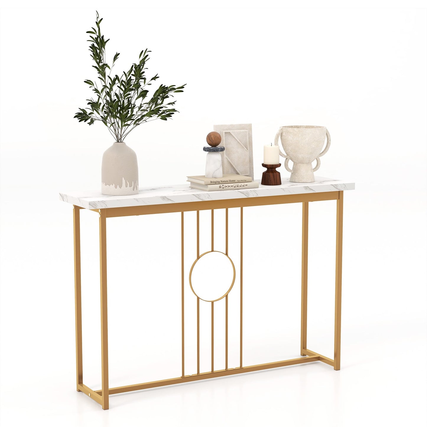 120cm Modern Faux Marble Top Console Table with Heavy-duty Metal Frame-White