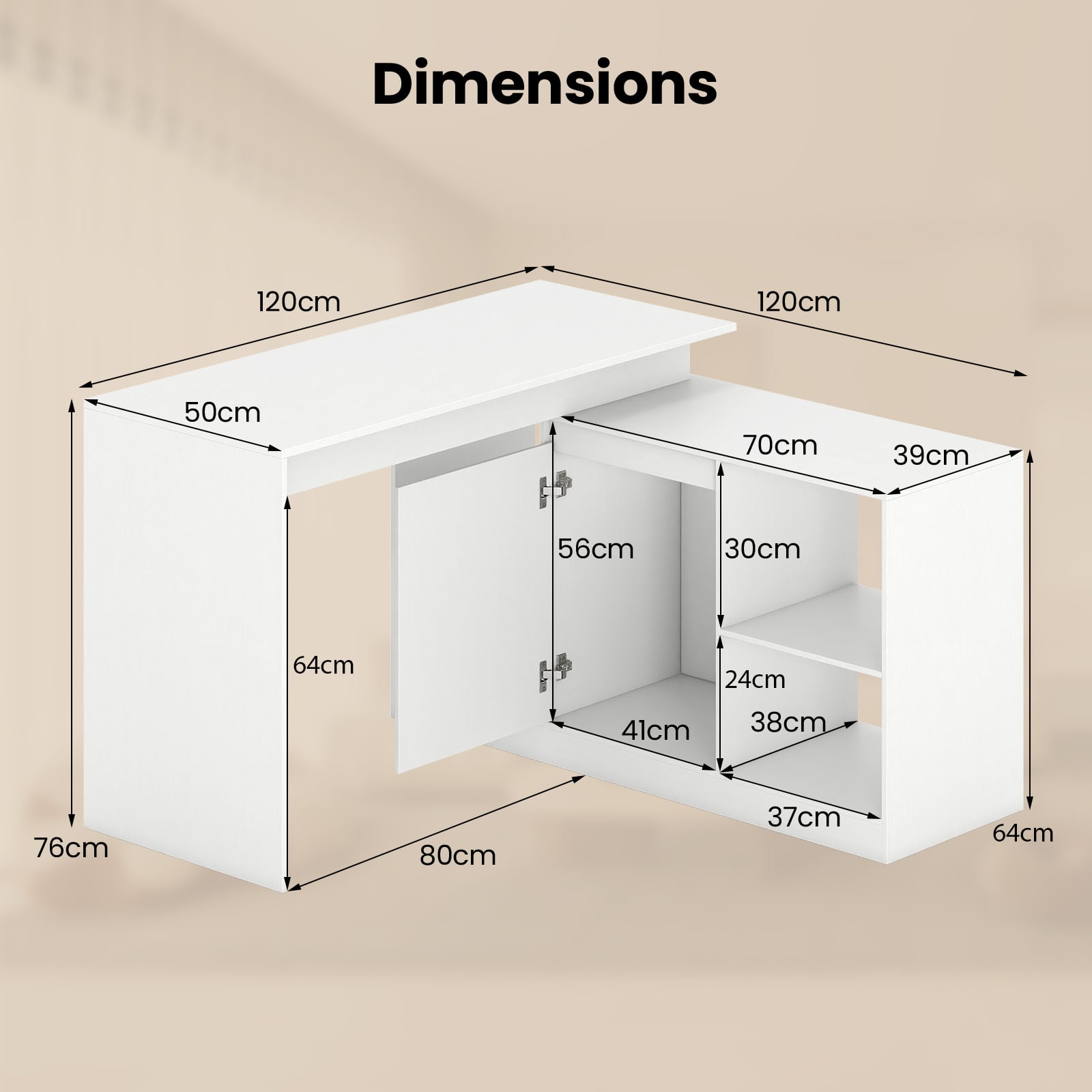 120CM Reversible Corner Writing Desk with 2-Way Cabinet-White