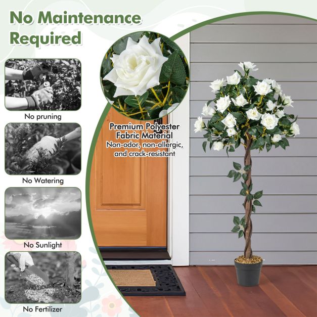 120 CM Artificial Flower Tree Faux Floral Plant with White Roses