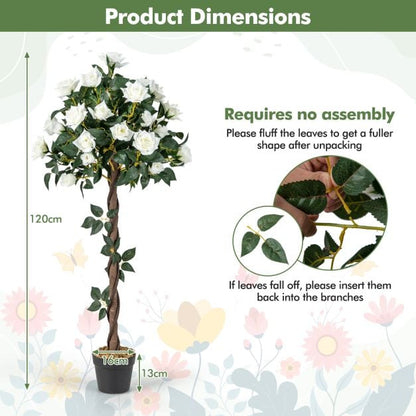 120 CM Artificial Flower Tree Faux Floral Plant with White Roses