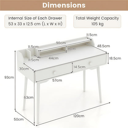 120 CM Writing Desk with Hutch and Drawers for Bedroom-White