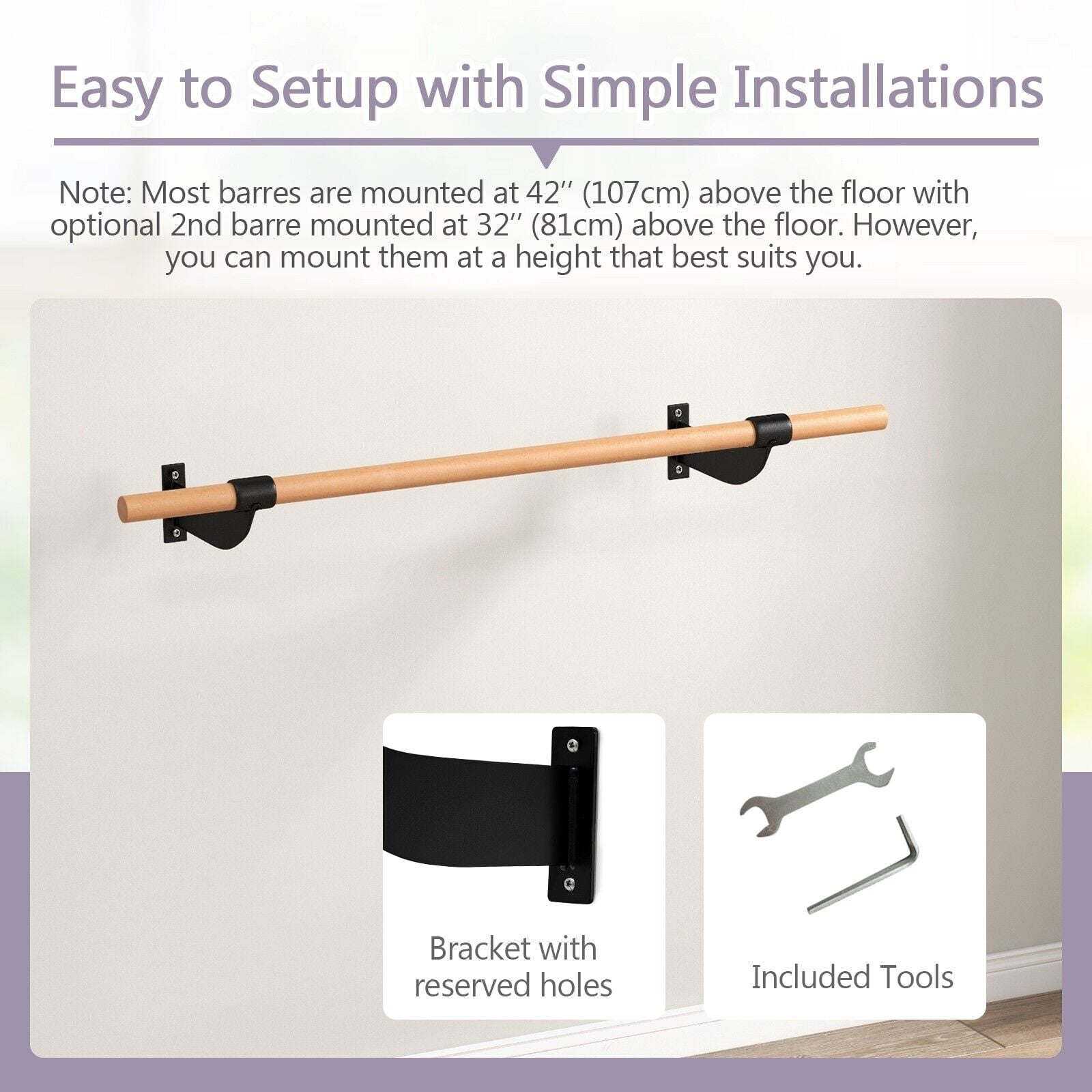 120CM Wall-Mounted Beech Wood Ballet Barre-Black