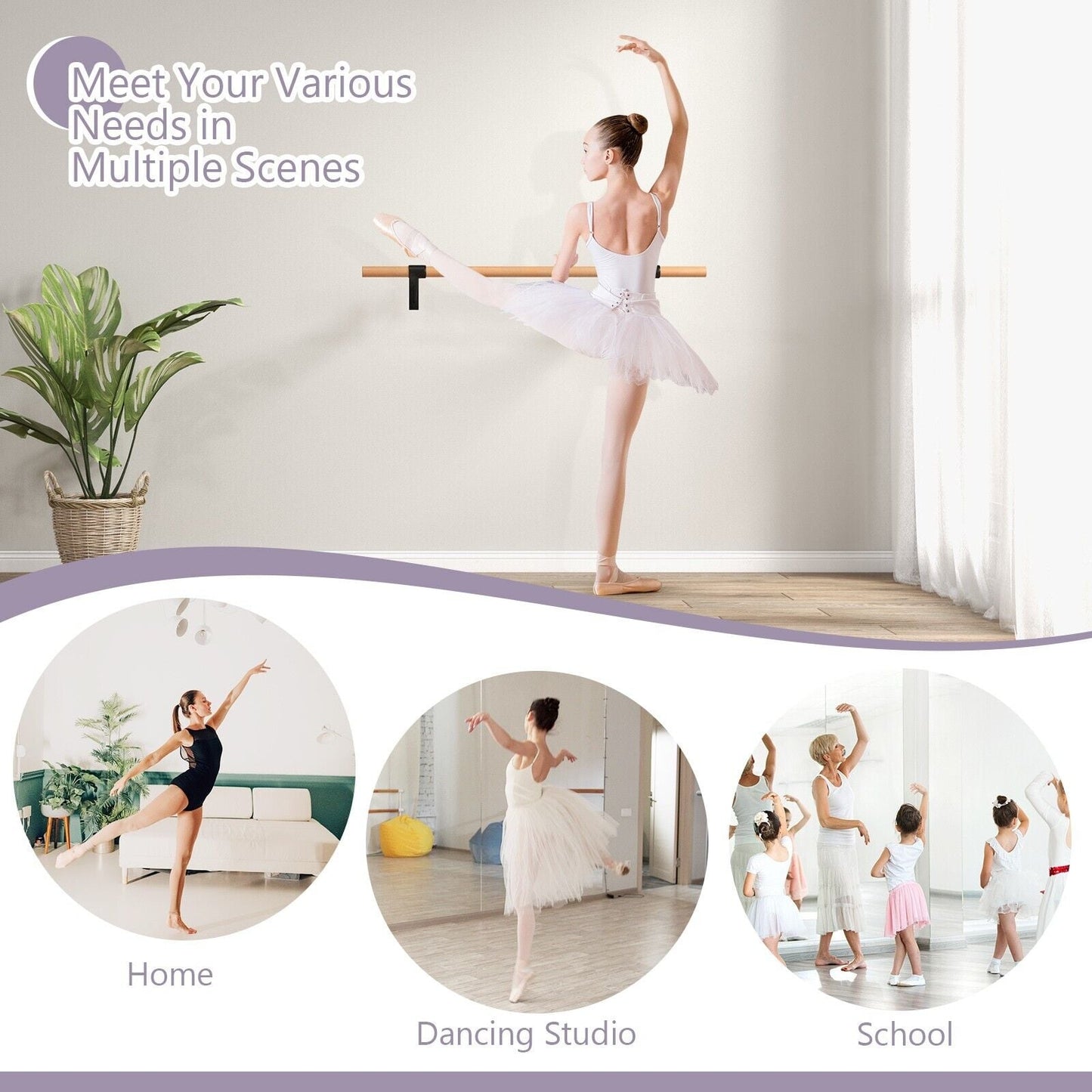 120CM Wall-Mounted Beech Wood Ballet Barre-Black