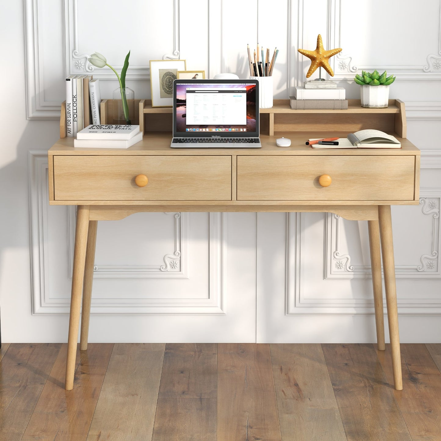 120 CM Writing Desk with Hutch and Drawers for Bedroom-Natural