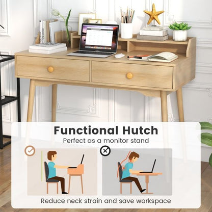 120 CM Writing Desk with Hutch and Drawers for Bedroom-Natural