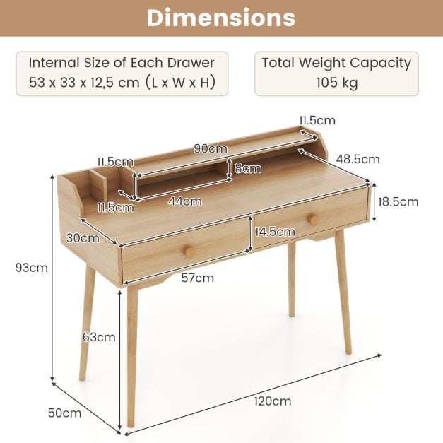 120 CM Writing Desk with Hutch and Drawers for Bedroom-Natural