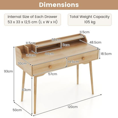 120 CM Writing Desk with Hutch and Drawers for Bedroom-Natural