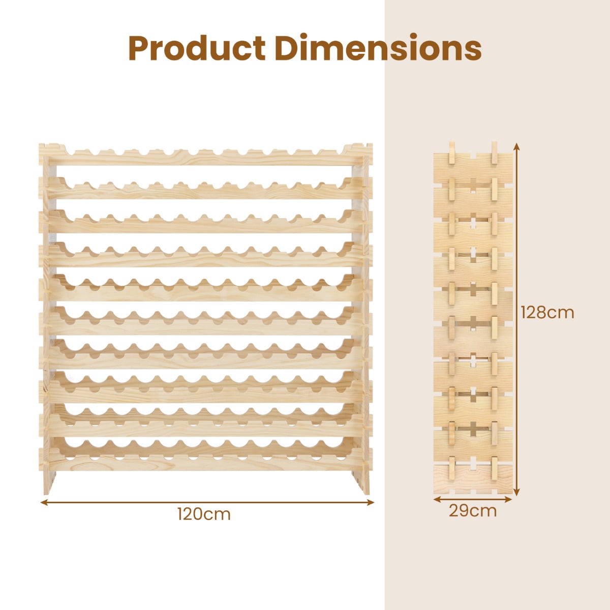 120 Bottles Wine Rack 10-Tier Stackable Wine Storage Stand-Natural