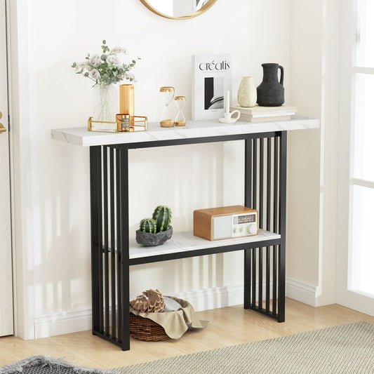 120 cm Long Narrow Console Table Faux Marble Entryway Table-White