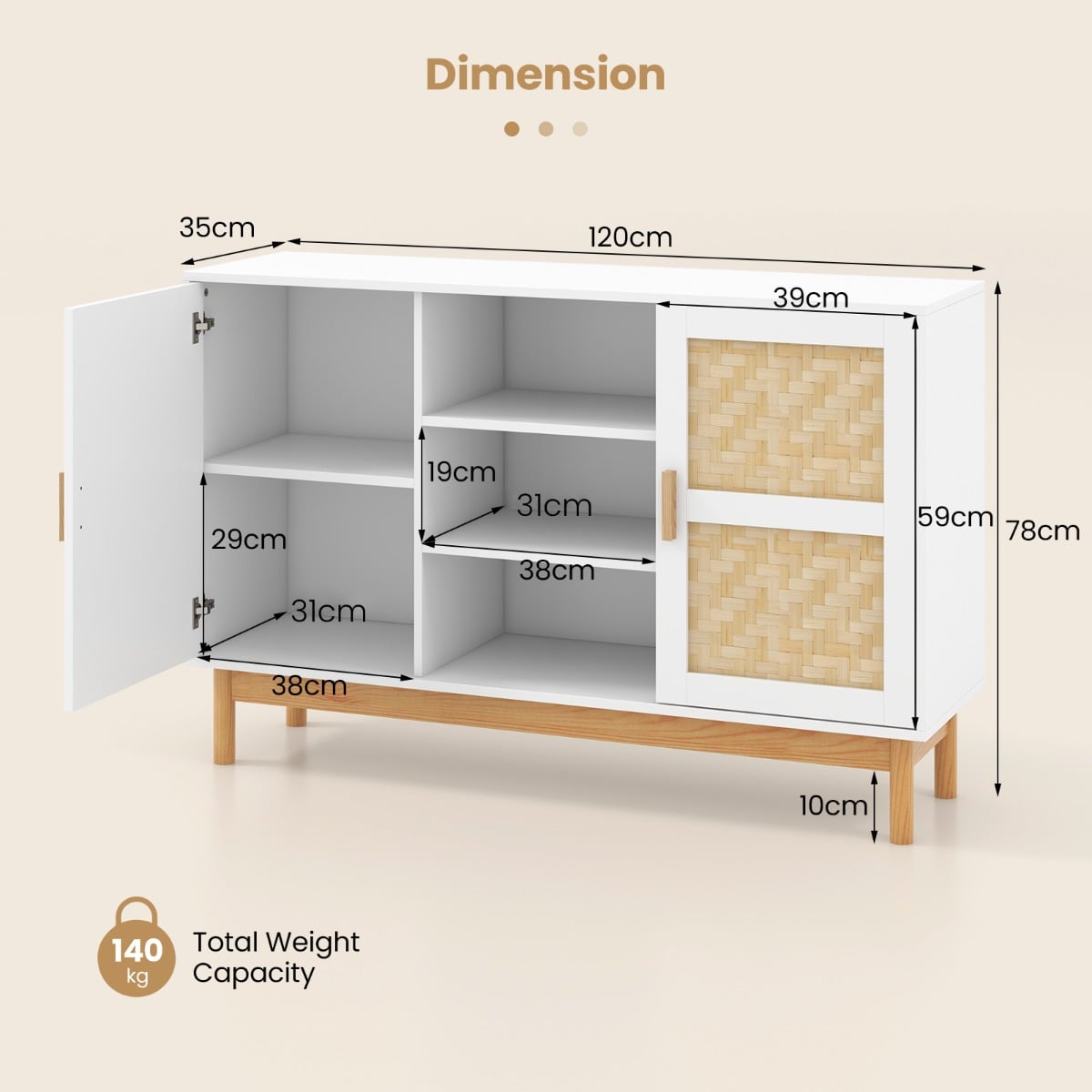 120 CM Sideboard Buffet Cabinet with 2 Bamboo Woven Doors and 3 Open Shelves-White