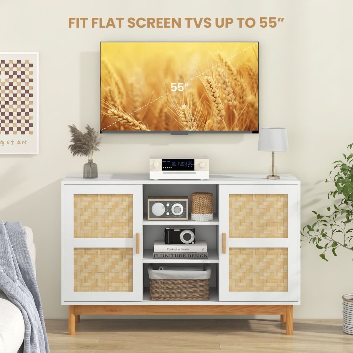 120 CM Sideboard Buffet Cabinet with 2 Bamboo Woven Doors and 3 Open Shelves-White