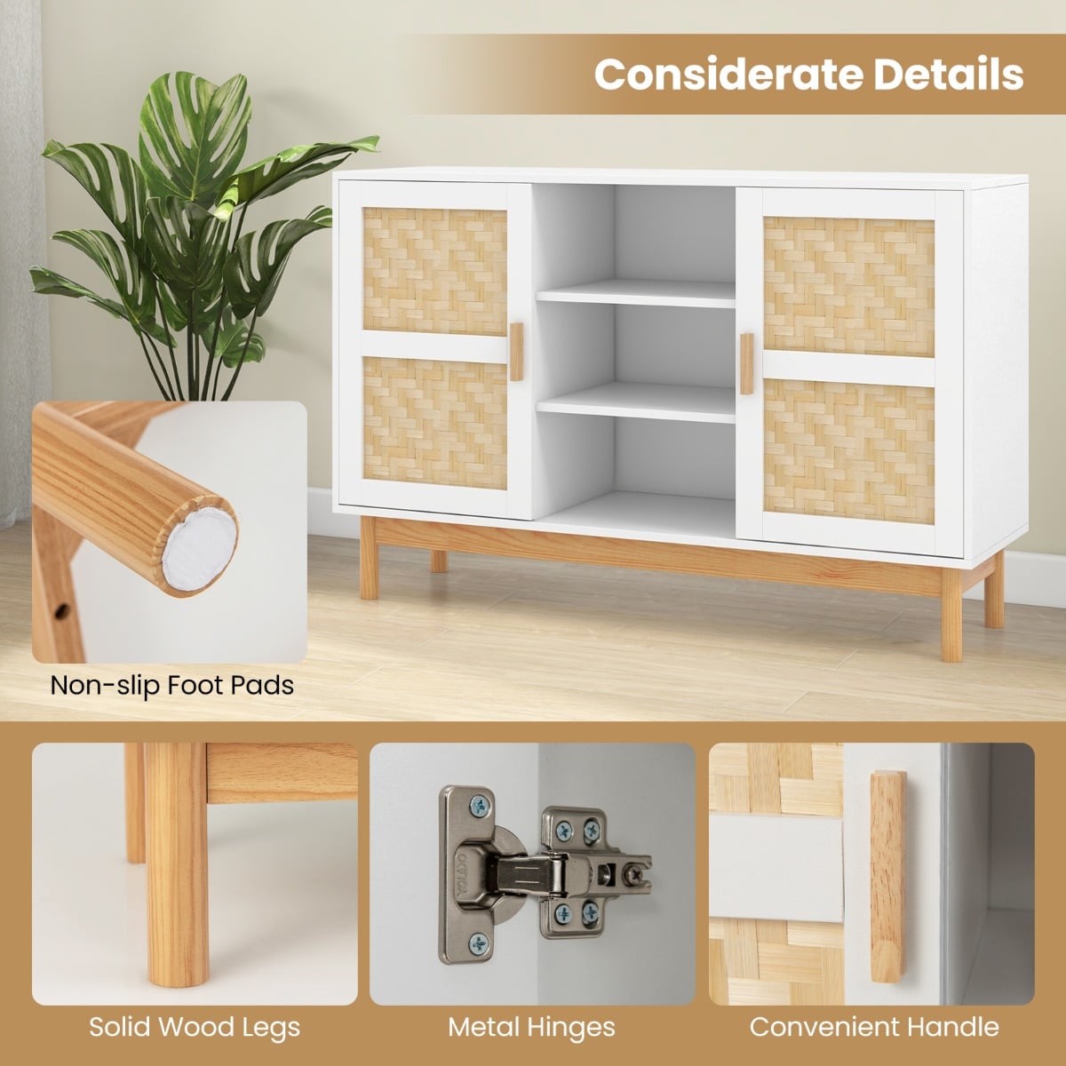 120 CM Sideboard Buffet Cabinet with 2 Bamboo Woven Doors and 3 Open Shelves-White