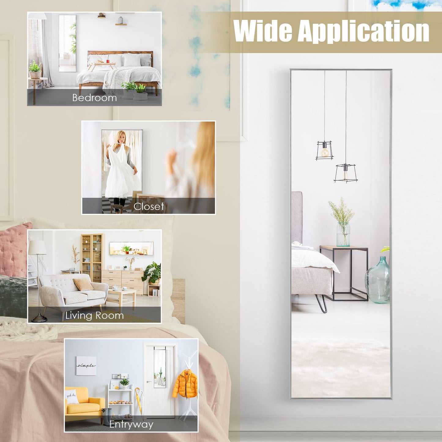 120 x 37 cm Full Length Wall Hanging Mirror with Adjustable Hook-Silver