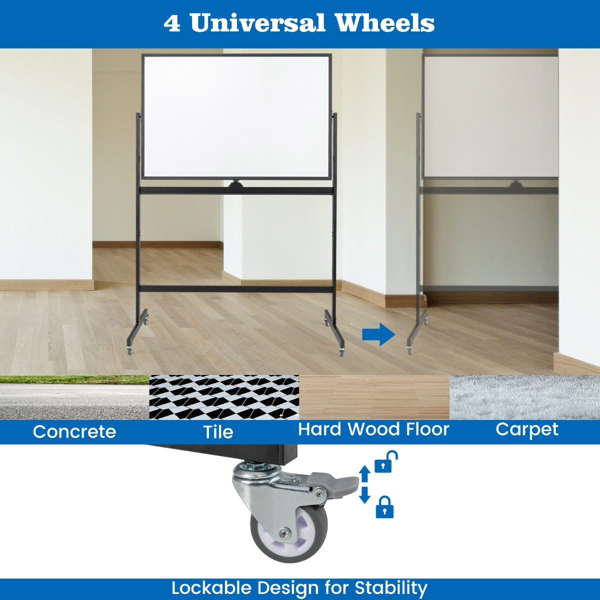 32 x 47 Inch Portable Rolling White Board-Black