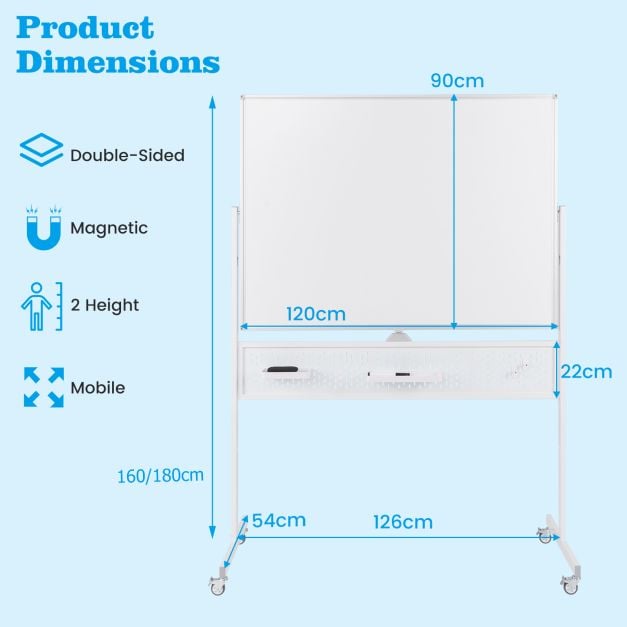120 x 90 CM Double-Sided Dry Erase Mobile Board with Stand-White
