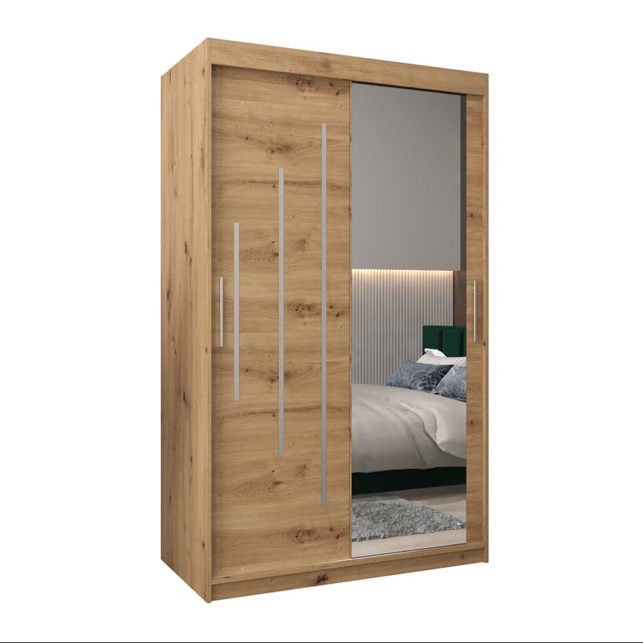 Wooden wardrobe with a mirror door on a white background