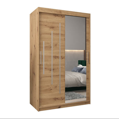 Wooden wardrobe with a mirror door on a white background
