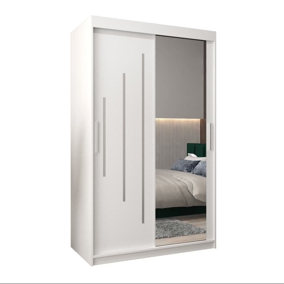 White wardrobe with sliding mirror doors on a white background