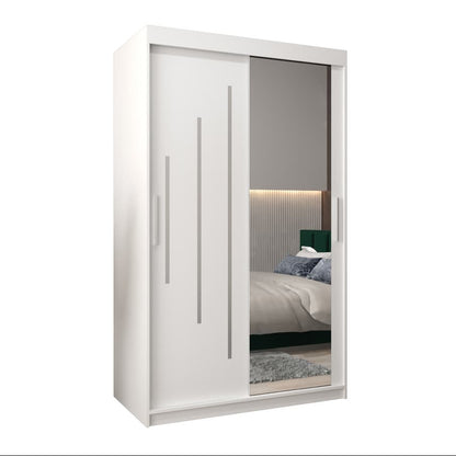 White wardrobe with sliding mirror doors on a white background