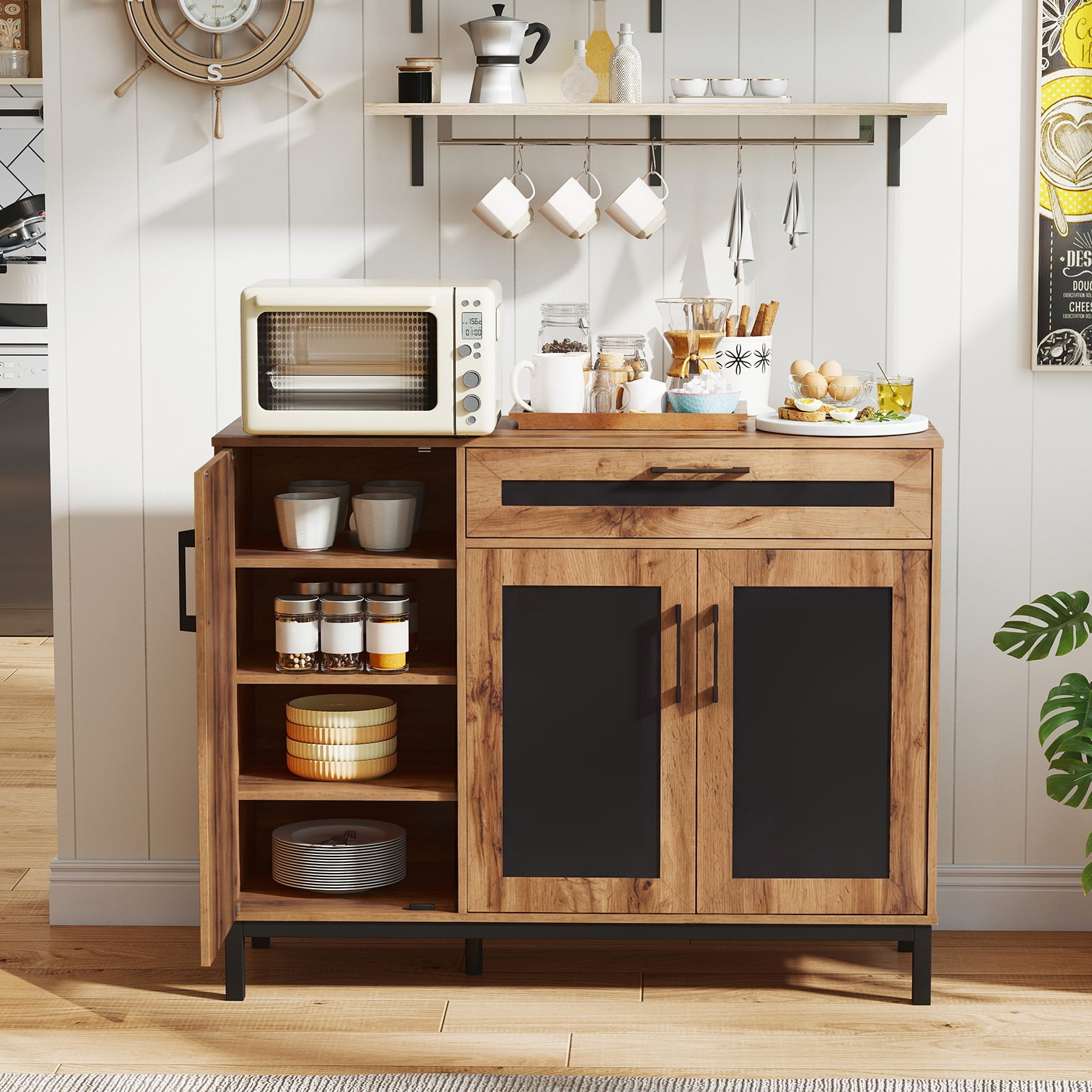 120cm Sideboard Buffet Cabinet with Drawer and 3 Doors for Kitchen-Natural