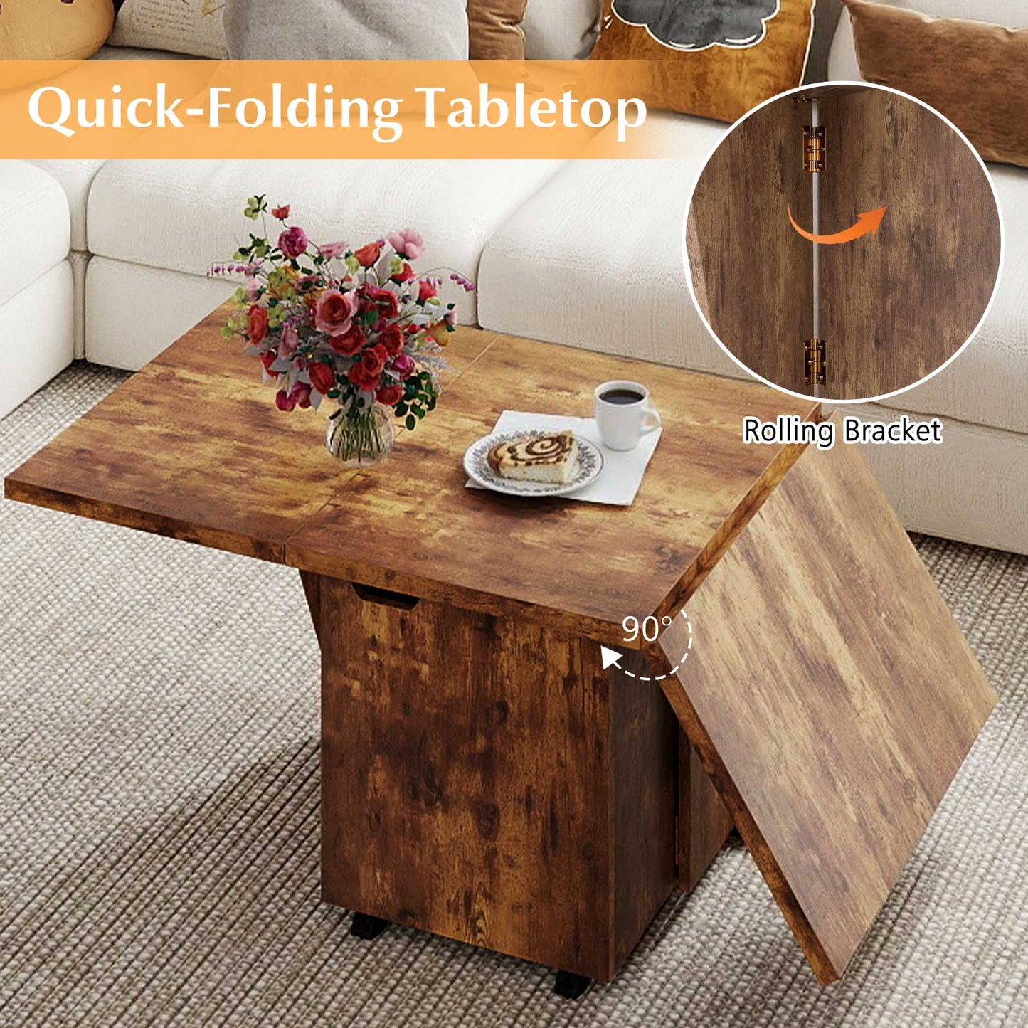 120cm Extendable and Foldable Coffee Table with Storage Cabinet and Wheels-Brown